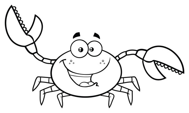 Black And White Crab Cartoon Mascot Character Waving For Greeting. Vector Illustration Isolated On White Background