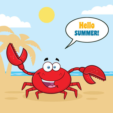 Happy Crab Cartoon Mascot Character Waving For Greeting. Vector Illustration With Palm And Beach Background