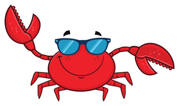 Smiling Crab Cartoon Mascot Character With Sunglasses Waving. Vector Illustration Isolated On White Background