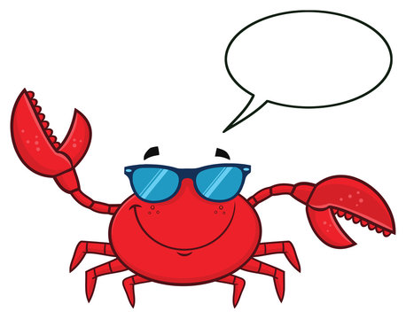 Smiling Crab Cartoon Mascot Character With Sunglasses Waving. Vector Illustration Isolated On White Background With Speech Bubble
