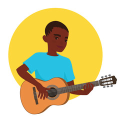 Musician playing guitar. African boy guitarist is inspired to play a classical musical instrument. Vector illustration in flat cartoon style in circle on white background for your design and print.
