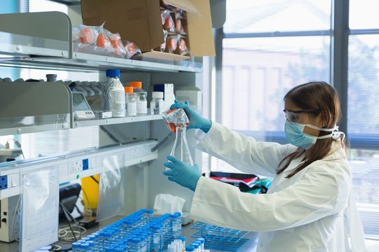 Scientist Pouring Chemical Solution On Conical Flask From Bottle