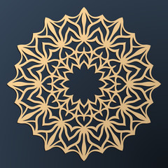 Laser cutting mandala. Golden floral pattern. Oriental silhouette ornament. Vector coaster design.