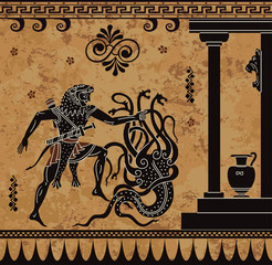 Anciet greek myth.Black figure pottery.Hercules heroic deed. Ancient myth, - obrazy, fototapety, plakaty