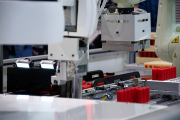 Robots, machines, solder equipment close up footage