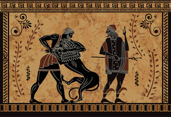 Ancient myth sceen,Black figure pottery,Hercules heroic deed,Ancient warrior and monster, - obrazy, fototapety, plakaty