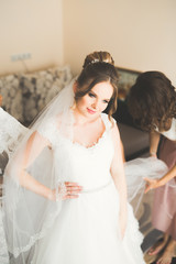 Fototapeta premium Gorgeous bride in robe posing and preparing for the wedding ceremony face in a room