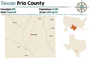 Detailed map of Frio county in Texas, USA.