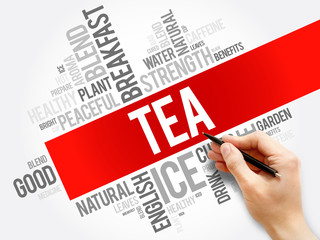 TEA word cloud collage, food and drink concept background