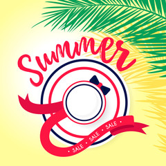 Summer sale vector banner design top view flat sunlight protect hat, palm jungle leaves for summer shop blackground and sale discount voucher