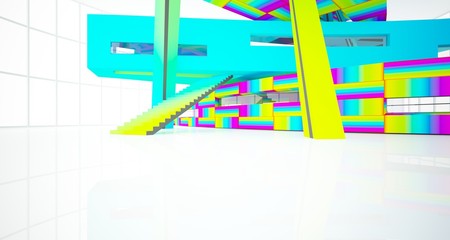 Abstract white and colored gradient  interior multilevel public space with window. 3D illustration and rendering.