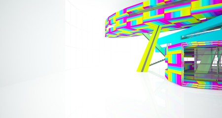 Abstract white and colored gradient  interior multilevel public space with window. 3D illustration and rendering.