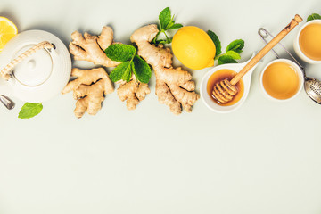 Ginger tea with lemon, honey and mint