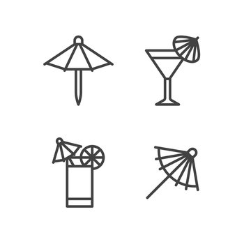Cocktail umbrella flat line icons. Cold summer drinks illustrations, tequila sunrise, cosmopolitan alcohol beverage. Thin signs for beach bar. Pixel perfect 64x64.