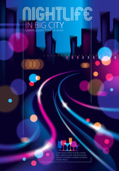 Night city with blurred lights bokeh texture vector illustration. Blur colorful dark background with cityscape, buildings silhouettes skyline. Brochure, flyer, cover, poster or guidebook template.