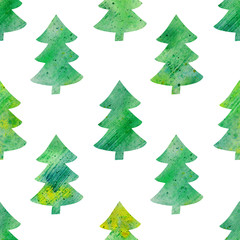 Watercolor seamless pattern with textured Xmas trees. Simple christmas background. Hand-drawn...