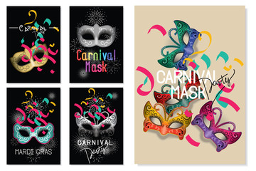 Happy carnival festive concept set. Collection of color mask, lips,ribbons,eyelash and confetti. For poster,placard,wallpaper,backdrop and web site. Vector illustration. 