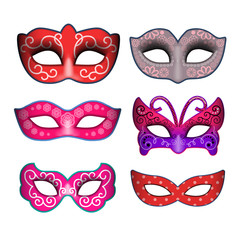 Masquerade party masks. Carnival masks isolated on white background, front view
