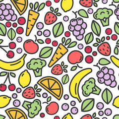 Vector seamless pattern consisting of colorful icons of fruits and vegetables on a white background.