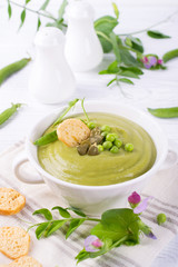 Light summer  delicious green peas cream soup served with pumpkin seeds,  croutons on white background.