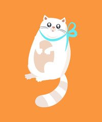 Pussy White Cat Decorated by Blue Bow Tape on Neck