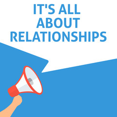 IT'S ALL ABOUT RELATIONSHIPS Announcement. Hand Holding Megaphone With Speech Bubble. Flat Illustration