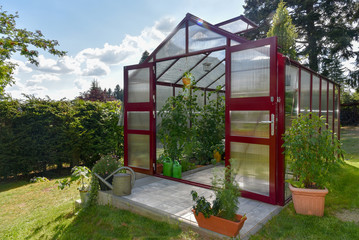 Ein rotes Gewächshaus im Garten