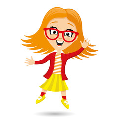 Girl with glasses in a jump on a white background.