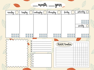 Empty weekly planner with water level tracker, space for notes, To do list and habit tracker, autumn leaves background. Schedule and organizer template. Vector