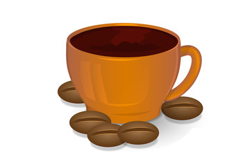 Cup of coffee and coffee beans brown color on a white background