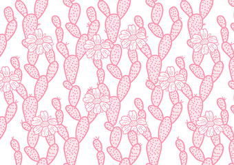 Cute pink cactus hand drawing with flowers wide card. Vector illustration cacti isolated on white background.