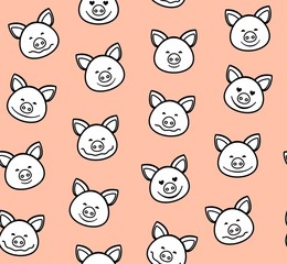 Obraz premium Piglets, seamless pattern, pink, vector. The white faces of the pigs with a black outline on a pink background. Vector flat pattern. Pigs are laughing, different emotions. 