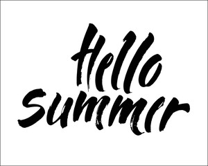 Obraz premium Hello summer hand drawn lettering isolated on white background for your design. Modern brush ink hand lettering. Vector