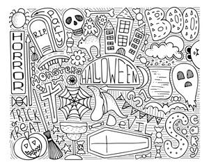 Monochrome vector doodle art for Halloween party. Modern decoration.