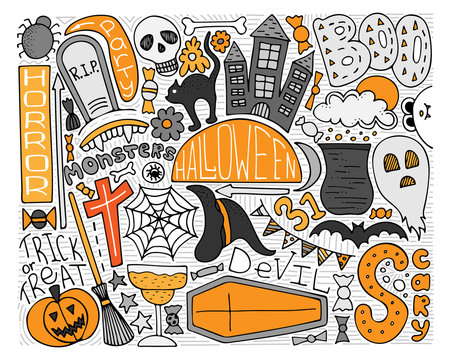 Colorful vector doodle art for Halloween party. Modern decoration.