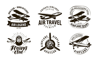 aircraft, airplane logo or label. flying club, airlines icon set. typographic design vector illustration