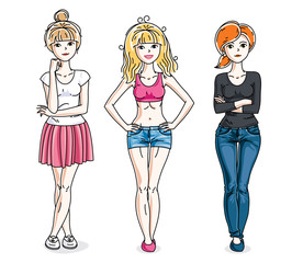 Attractive young women standing wearing casual clothes. Vector characters set.