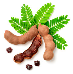 fresh tamarind fruits and leaves isolated on the white background