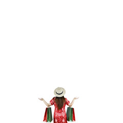 Shopping concept isolate on white background with woman in Chinese dress for Chinese New Year day.