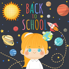 Back to School with smiling children, space and solar system concept background. Vector illustration.