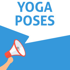 YOGA POSES Announcement. Hand Holding Megaphone With Speech Bubble. Flat Illustration