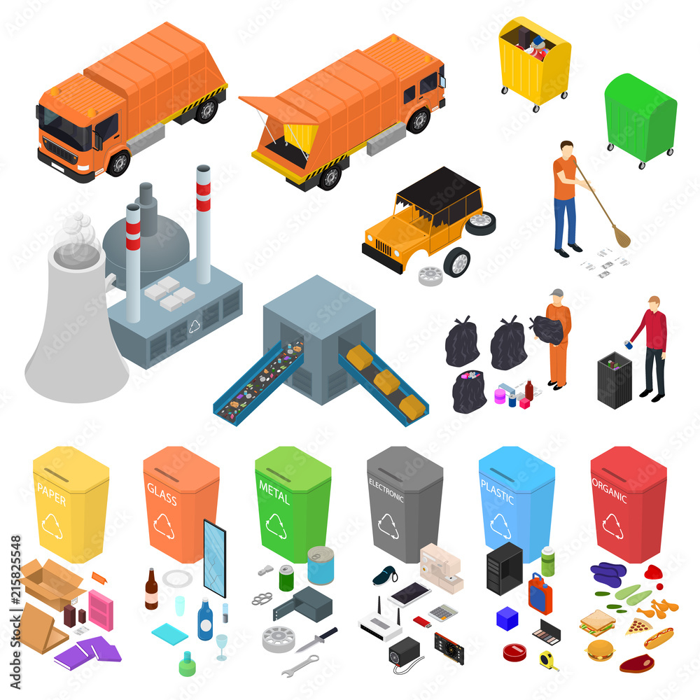 Poster Garbage Recycling Signs 3d Icons Set Isometric View. Vector