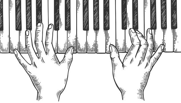 Hands and piano engraving vector illustration