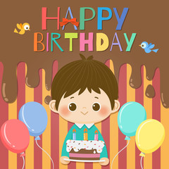 Happy Birthday card smiling boy with  cake and birthday elements.Vector illustration.