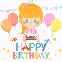 Happy Birthday card smiling girl with  cake and birthday elements.Vector illustration.