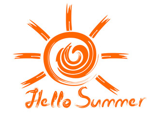 Carelessly drawn sun and inscription. Handwritten orange inscription. Hello summer. Summer concept design. Vector illustration