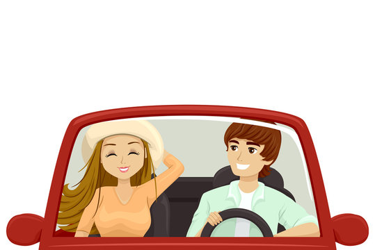 couple driving red car, smiling, happy clip art preview