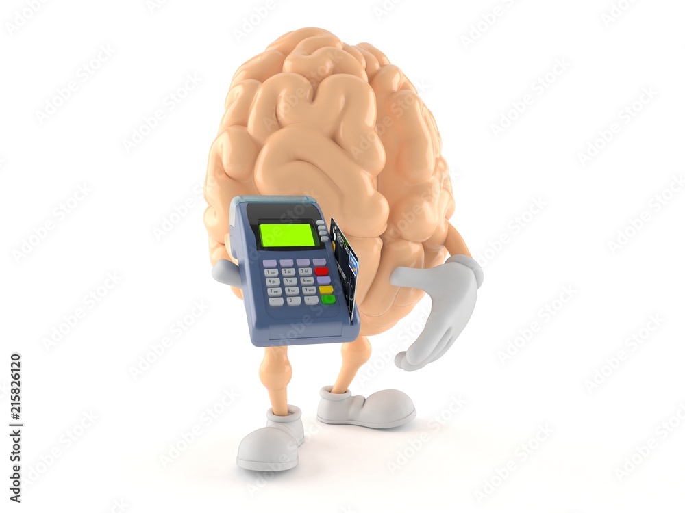 Wall mural Brain character holding credit card reader