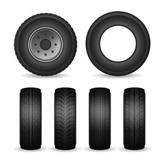 Realistic Detailed 3d Black Rubber Tires and Car Wheels Set. Vector