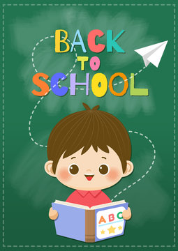 Happy smiling boy with book and flying paper plane on blackboard background.  Back to School concept,Vector illustration.